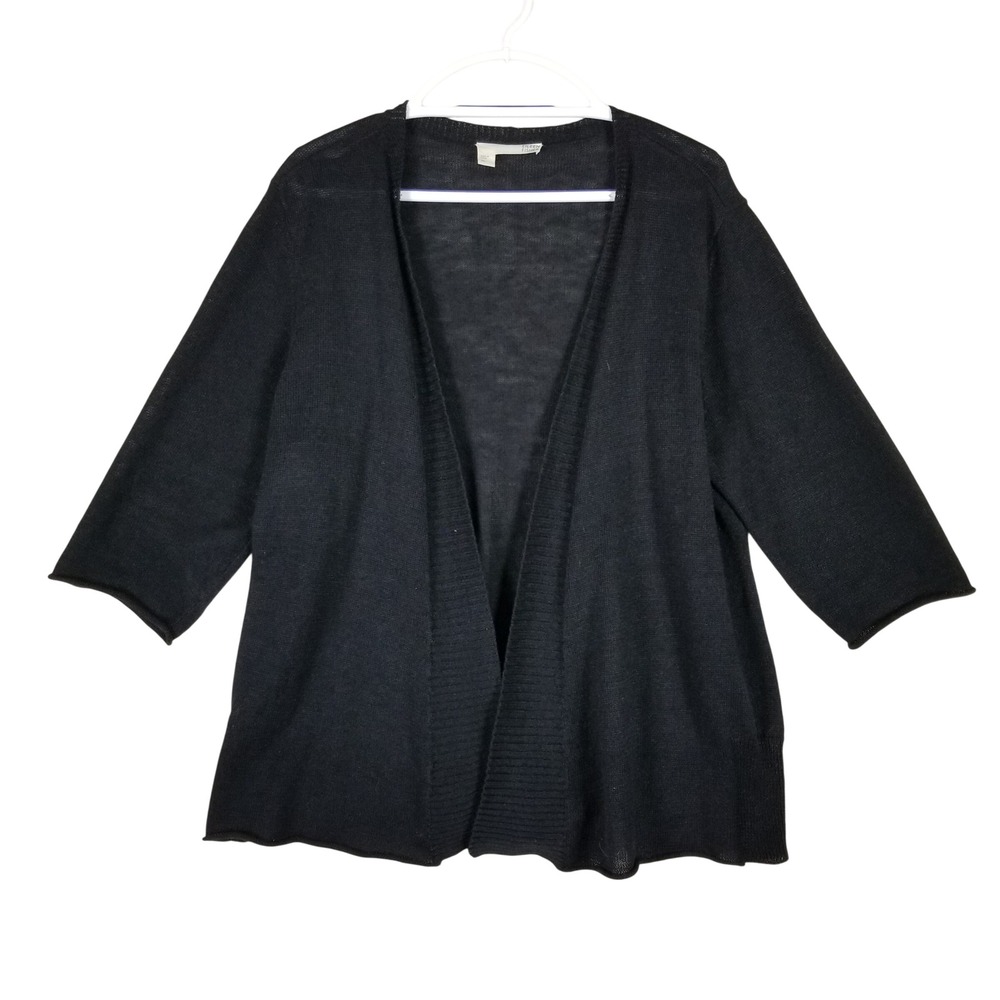 Eileen Fisher Cardigan Women XL Black 100% Linen Open Front 3/4 Sleeve Knit